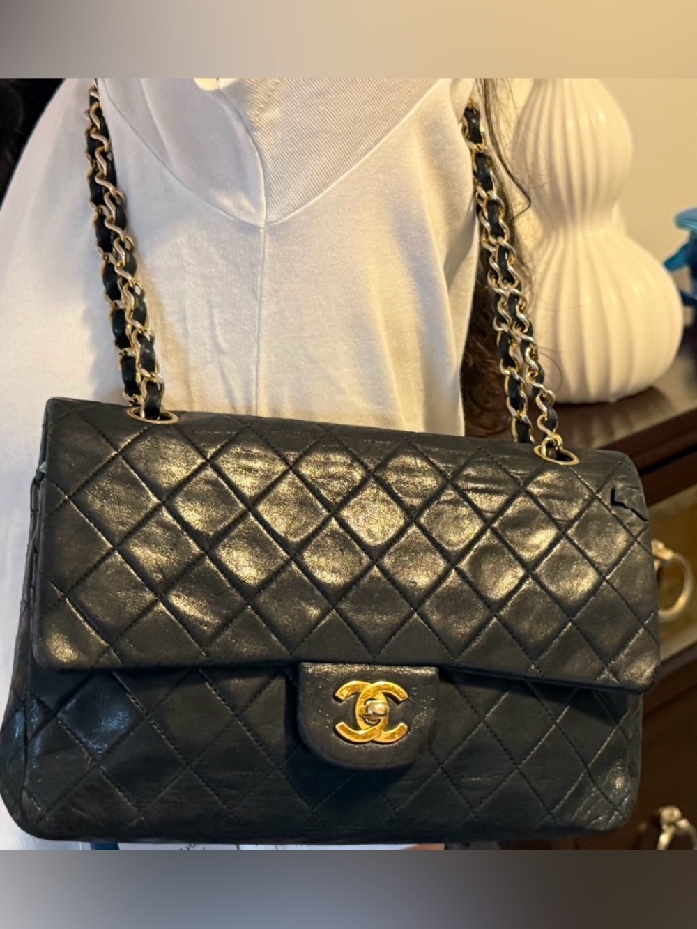 Vintage Chanel Timeless Classic Double Flap Hand Bag, black lambskin, authentic